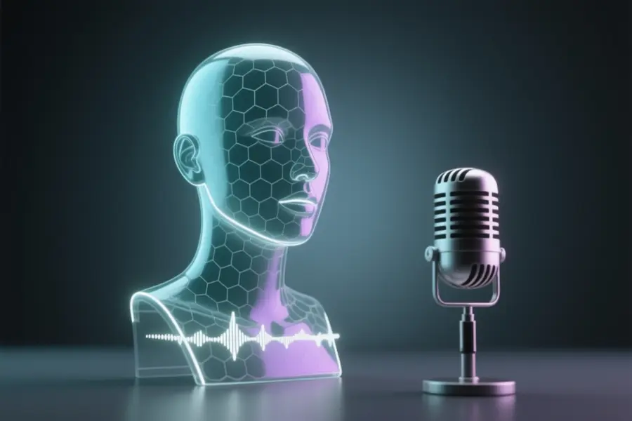 Semi-transparent holographic human bust displayed on a clean matte dark surface next to a single physical studio condenser microphone.