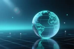 Sleek polygonal globe placed precisely on the right third of the frame with delicate etched characters from various writing systems.