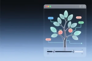 The composition places a sleek hierarchical tree emerging from a translucent browser window on the right side of the canvas.