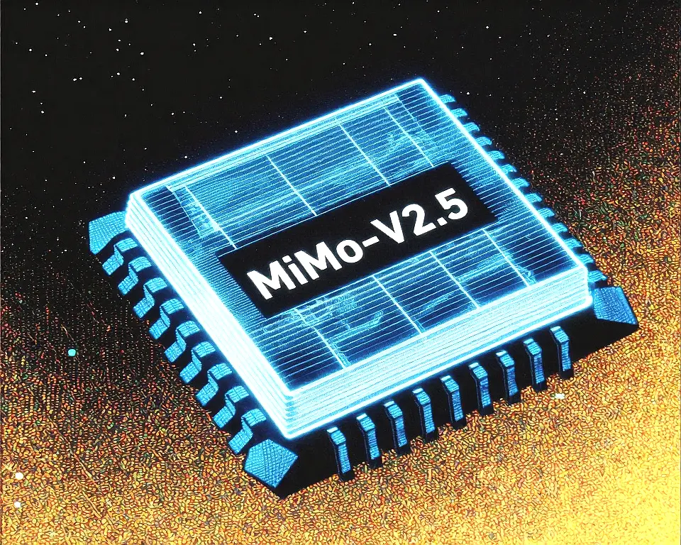 Three-dimensional wireframe microchip bearing the MiMo-V2.5 insignia.