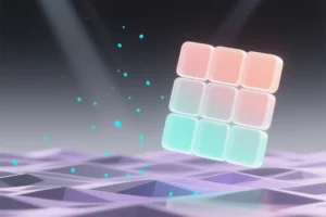 Translucent colorful square tile hovers above a purple digital surface.