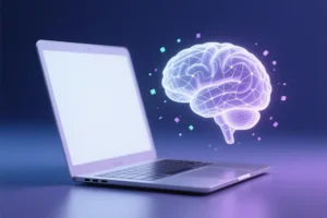Translucent MacBook silhouette in soft white glow with an intricate three-dimensional brain made of delicate digital mesh.
