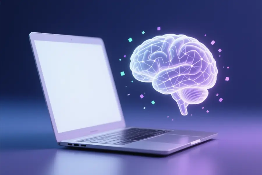 Translucent MacBook silhouette in soft white glow with an intricate three-dimensional brain made of delicate digital mesh.