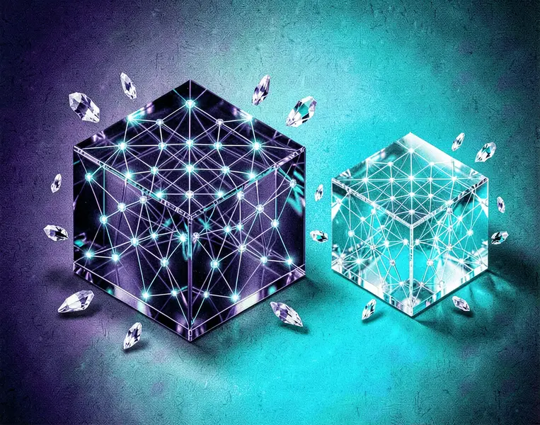 Two a three-dimensional glowing node graph cubes made up of a translucent holographic glass.