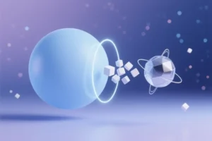Two matte spheres in pale colors with translucent satellites ejecting tiny white geometric cubes.