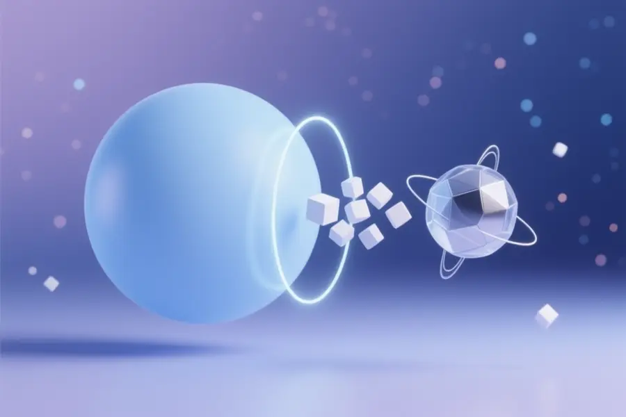 Two matte spheres in pale colors with translucent satellites ejecting tiny white geometric cubes.