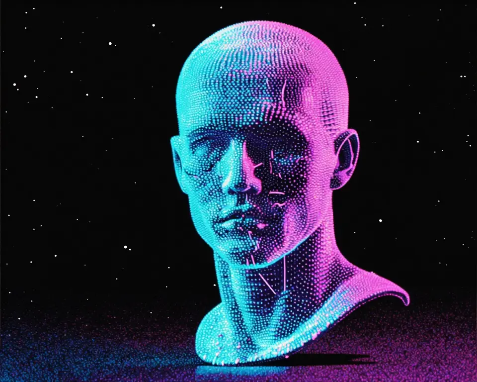 3D Gaussian splat of a futuristic cyborg character made up of countless tiny glowing ellipsoidal Gaussians mesh.
