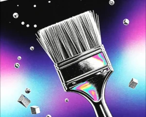 3D wireframe paintbrush contrasting to deep purple with hard contrast background gradient.