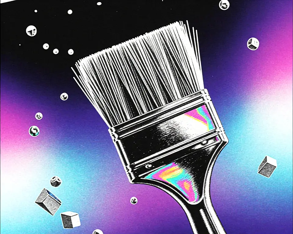 3D wireframe paintbrush contrasting to deep purple with hard contrast background gradient.