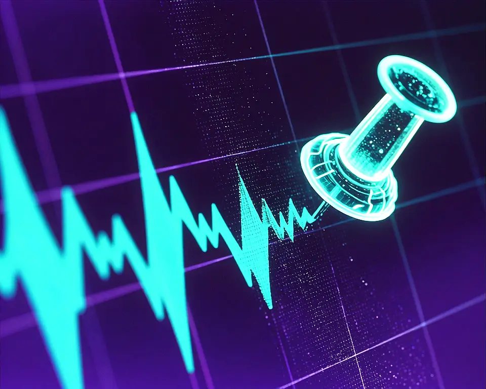 A blue luminous glowing pushpin piercing a floating digital waveform panel.
