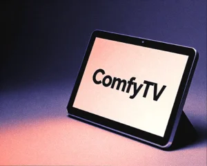 a ComfyTV canvas tablet made up of a luminous holographic interface.