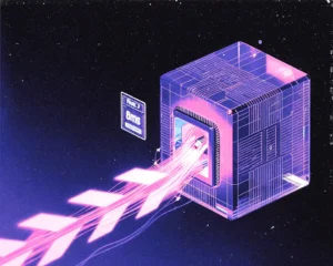 A ComfyUI flow upscaler node with translucent cyberpunk glass with internal luminous flowing energy channels.