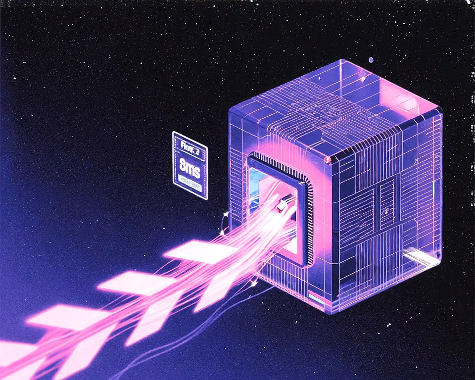 A ComfyUI flow upscaler node with translucent cyberpunk glass with internal luminous flowing energy channels.
