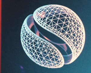 A complex geodesic wireframe sphere that transforms into elegant fluid ribbon curves.
