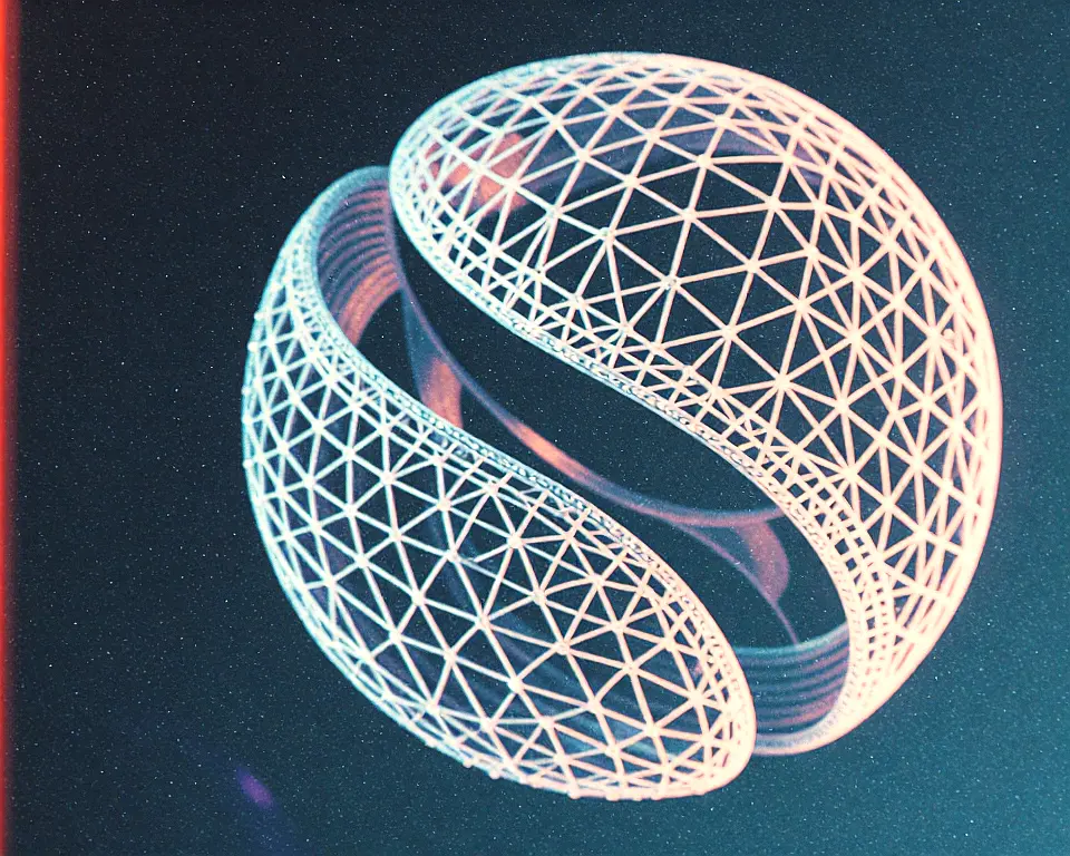 A complex geodesic wireframe sphere that transforms into elegant fluid ribbon curves.