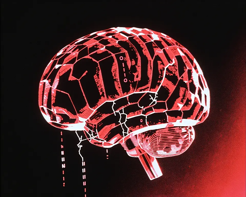 A crystalline brain consists of digital frame with cracked chains falling away from its surface.