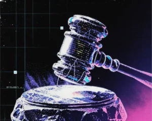 A crystalline judges gavel constructed from layered glass shards and glowing fiber-optic data veins.