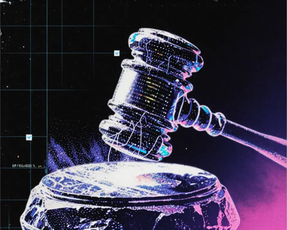 A crystalline judges gavel constructed from layered glass shards and glowing fiber-optic data veins.