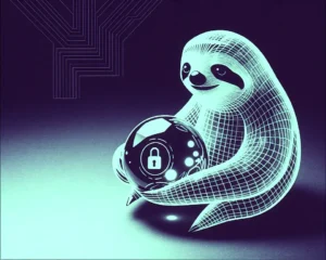 A crystalline sloth and small gemstone with polygon facets and wireframe edges.