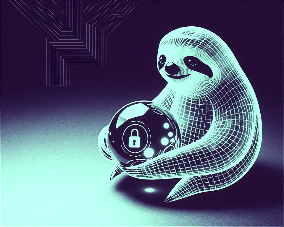 A crystalline sloth and small gemstone with polygon facets and wireframe edges.