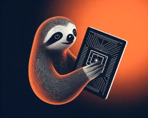 A digital sloth holding a futuristic computer microchip that consists of a complex digital wireframe.