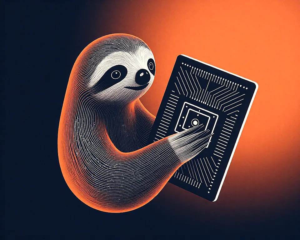 A digital sloth holding a futuristic computer microchip that consists of a complex digital wireframe.