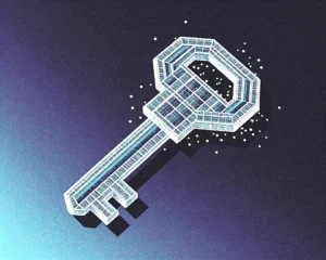 A faceted crystal key-shaped data node symbolizing KV-cache compression.