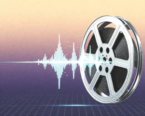 A film reel seamlessly intertwined with a dynamic glowing audio waveform.