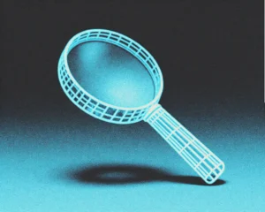 A floating magnifying glass of a crystalline wireframe with dark charcoal and contrasting neon.