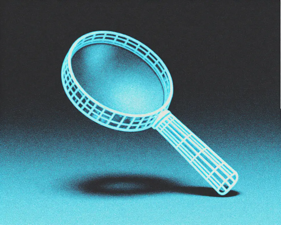 A floating magnifying glass of a crystalline wireframe with dark charcoal and contrasting neon.