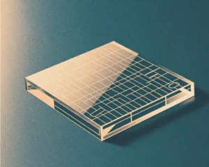 A floating modular canvas panel is made of a translucent glass material with etched vector wireframes.