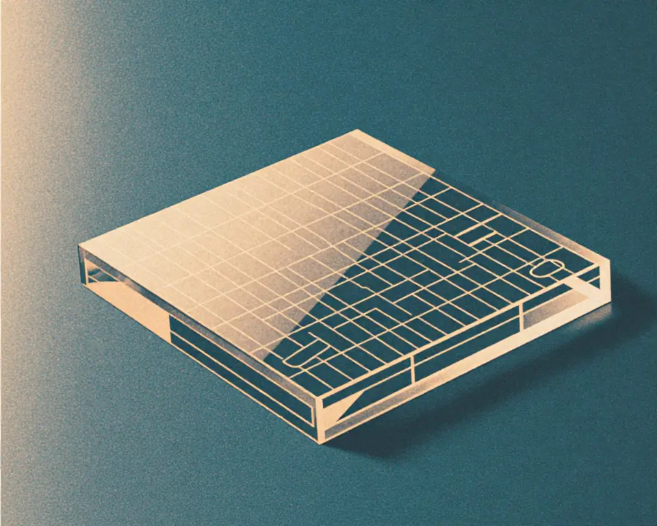 A floating modular canvas panel is made of a translucent glass material with etched vector wireframes.