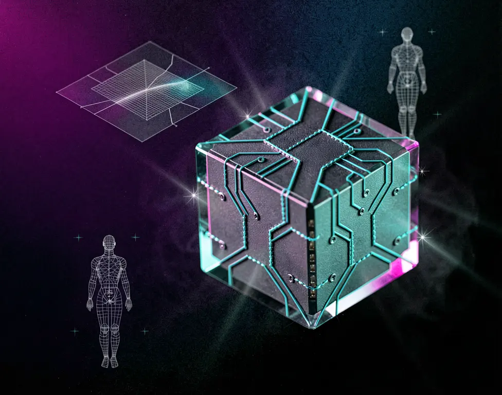 A futuristic adapter module of crystalline polyhedron matte facets and floating ethereal wireframe figures.