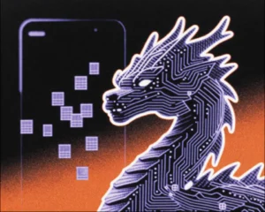 A futuristic digital dragon is made up of holographic circuit board texture.