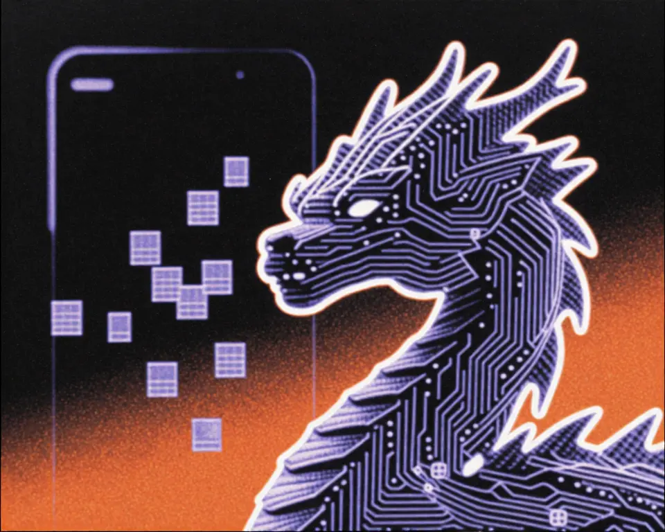A futuristic digital dragon is made up of holographic circuit board texture.