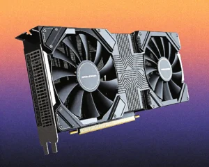 A futuristic graphics card featuring glowing circuit pathways and placed to the right side of view.