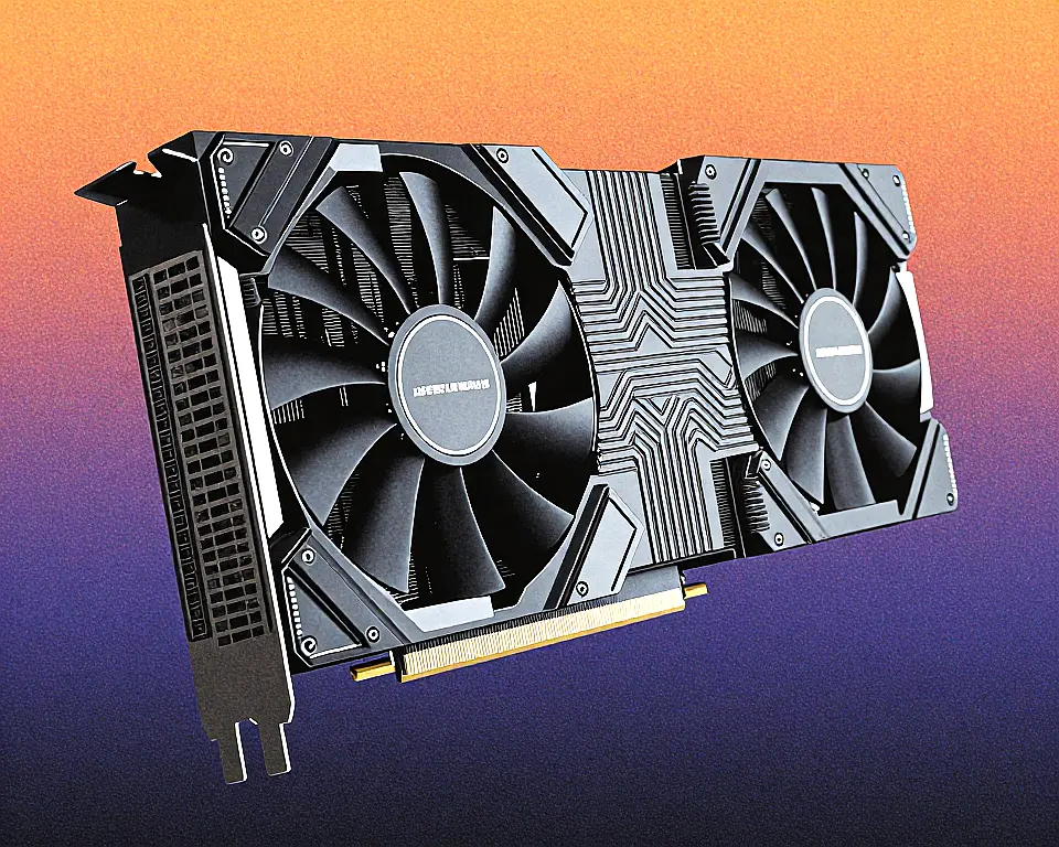 A futuristic graphics card featuring glowing circuit pathways and placed to the right side of view.
