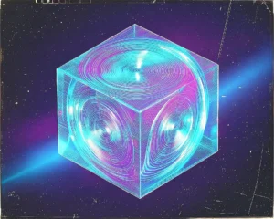 A glowing geometric cube cluster with visible audio waveform lines pulsing through them.