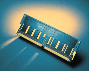 A glowing memory module inside a classic computer terminal with contrasting to bright amber.