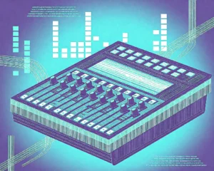A glowing mixing console, the mixing console featuring illuminated faders and parametric EQ knobs.