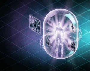 A glowing stylized neural adapter node capsule the node is crafted from a digital wireframe and translucent polygons.
