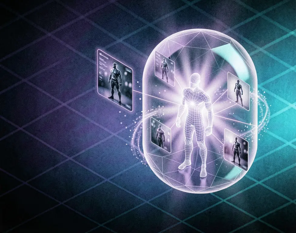 A glowing stylized neural adapter node capsule the node is crafted from a digital wireframe and translucent polygons.
