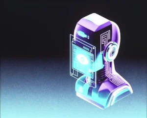 a holographic AI agent interface consists of a translucent crystalline glass material.