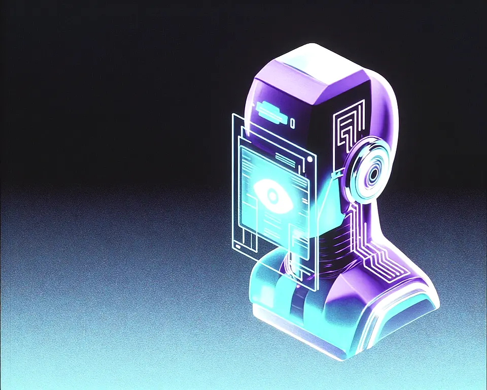 a holographic AI agent interface consists of a translucent crystalline glass material.
