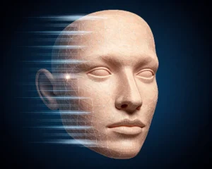 A human face made up of a layered spectral wireframe with smooth organic skin texture