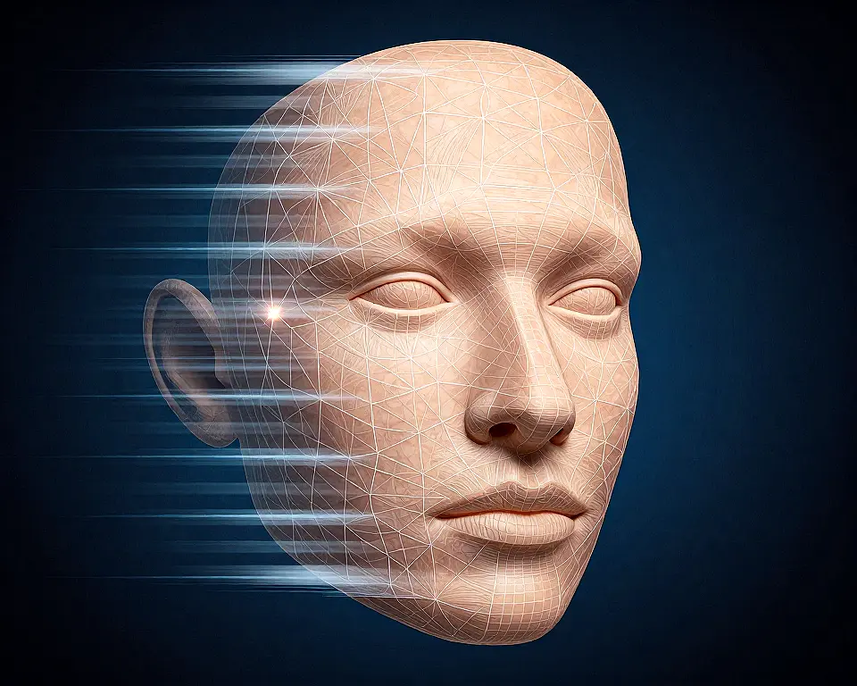 A human face made up of a layered spectral wireframe with smooth organic skin texture
