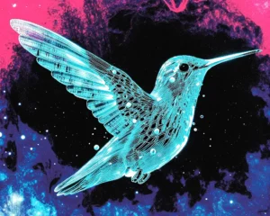 a hummingbird is made up of a lattice of glowing chromium wires with extreme digital grain and brilliant colors.