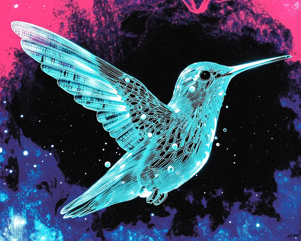 a hummingbird is made up of a lattice of glowing chromium wires with extreme digital grain and brilliant colors.