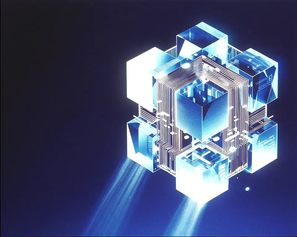 A luminous crystalline processor node constructed from interlocking geometric glass shards with delicate copper wireframe.