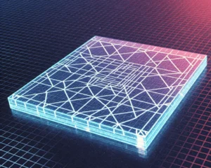 A luminous digital tile made up of intricate glowing nodes and overlapping mesh lines.